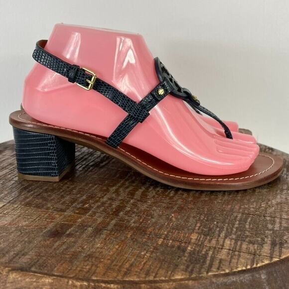 Tory Burch Sandal Women 8 Blue Mini Miller Leather Lizard-Print Thong Block Heel - Picture 4 of 10